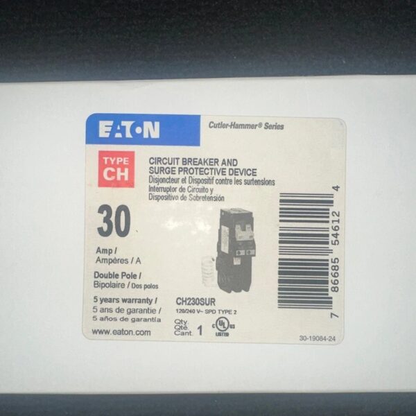 Eaton CH230SUR Breaker, Surge 30A, 120/240V, 1HP, 2P CH Series New In Box
Opens in a new window or tab