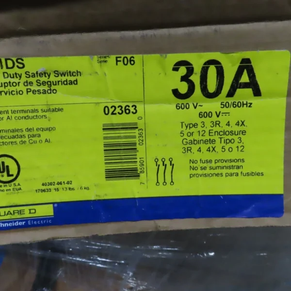 Square D HU361DS Disconnect 30 Amp 600 Volt 3P3W Nema 4X Series F6 -NEW OPEN BOX