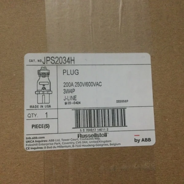 Russell & Stoll JPS2034H 200 amp 600V 250V Plug NEW OLD STOCK
