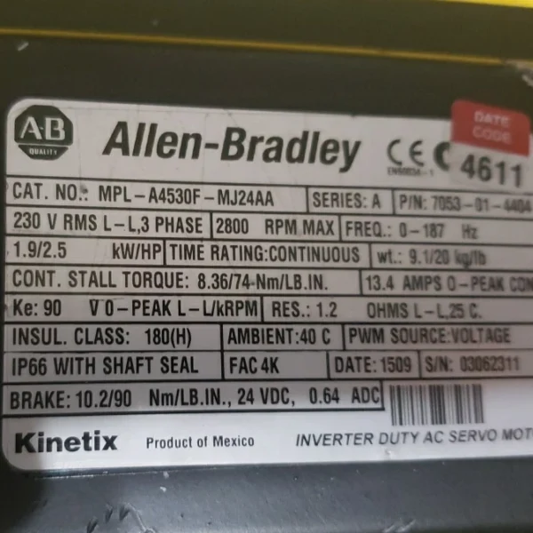 USED Allen-Bradley MPL-B4530F-MJ74AA 460V AC Servo Motor