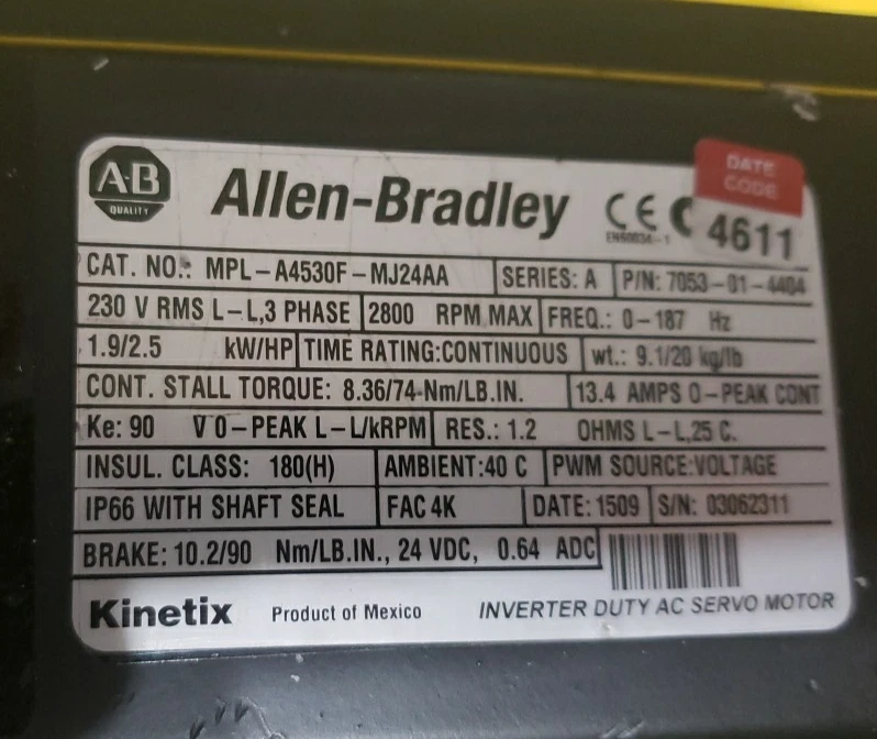 USED Allen-Bradley MPL-B4530F-MJ74AA 460V AC Servo Motor 1 MPL B4530F MJ74AA 0