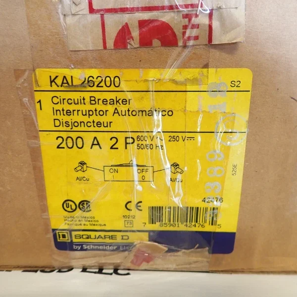 NEW in box SQUARE D KAL26200 2 Pole 200 amp 600 volt Feed Thru Circuit Breaker