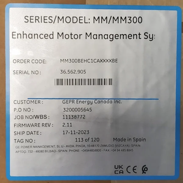 GE Multilin Model: MM/MM 300BEHC1CAXXXXBE Enhanced Motor Management