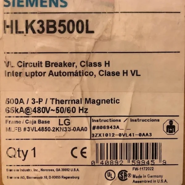 SIEMENS HLK3B500L 500A 3P0LE 65kA @480V CIRCUIT BREAKER 3VL4850-2KN33-0AA0 NEW!