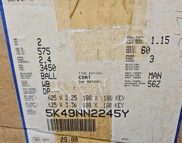 GE motor 5K49NN2245Y 2 HP Double shaft 3450 RPM 575 volt 3 PH 2.4 amp 56Z f