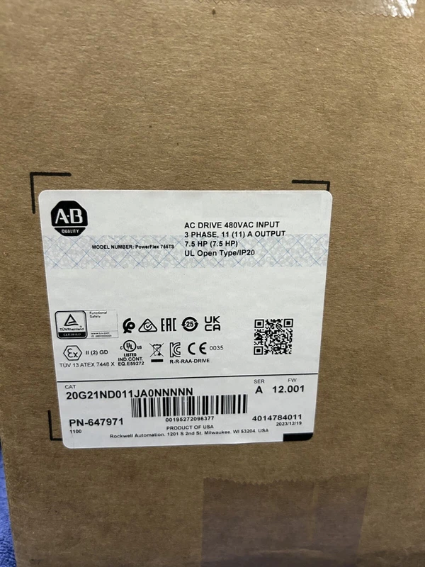 NEW / SEALED - ALLEN BRADLEY 20G21ND011JA0NNNNN PF755TS VFD 480V 11A 7.5HP(X-19) 2 75HPX 19 0