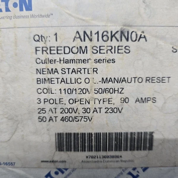 NIB - Eaton - AN16KN0A - Freedom Nema Motor Control Starter, An16Knoa, 90A, Nema
