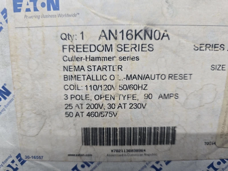 NIB - Eaton - AN16KN0A - Freedom Nema Motor Control Starter, An16Knoa, 90A, Nema 2 AN16KN0A 0