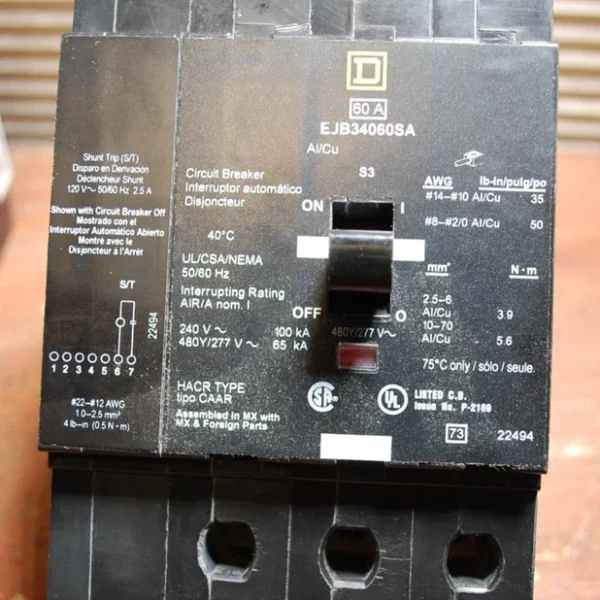 Square D EJB34060SA 60A 480Y/277V Circuit Breaker W/ Shunt Trip.