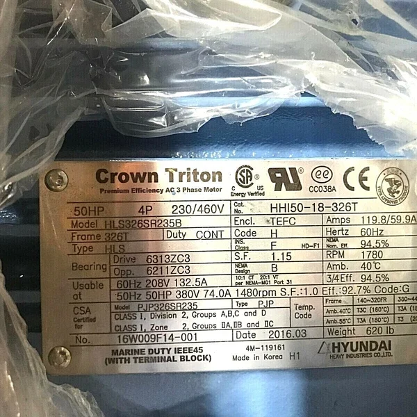 Hyundai Crown Triton HLS326SR235B HHI50-18-326T 50 HP 3 PH AC Motor