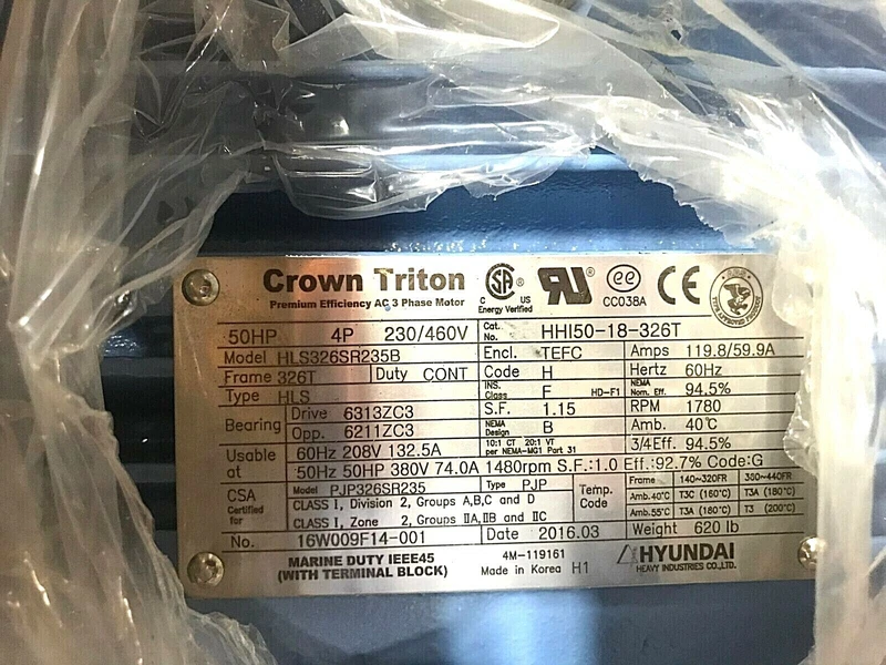 Hyundai Crown Triton HLS326SR235B HHI50-18-326T 50 HP 3 PH AC Motor 2 HHI50 18 326T 0
