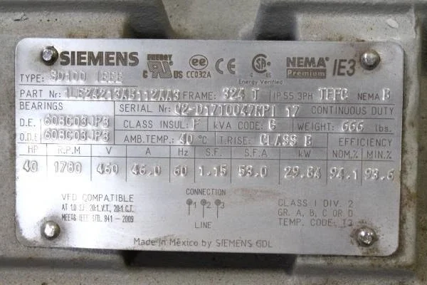 40HP 1780RPM - SIEMENS 1LE24213AB112AA3 NSNB - 324T TEFC 460 SEVERE DUTY MOTOR