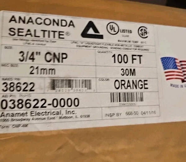 Anamet Electrical 38622 Anaconda Sealtite Flexible Conduit, 34" CNP, Orange