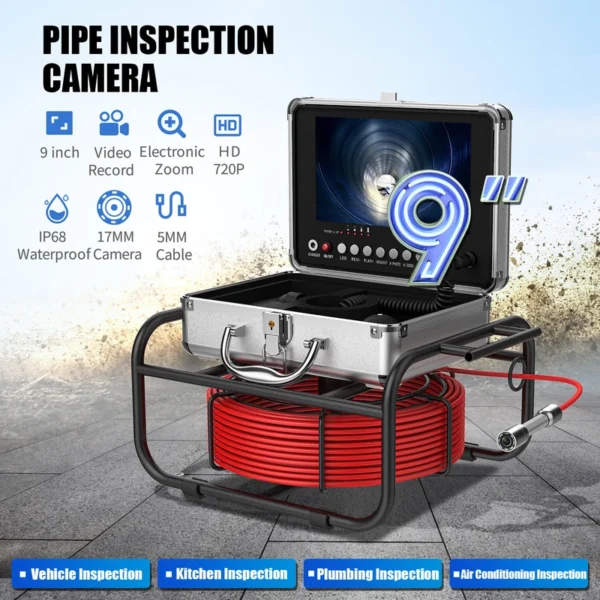 9" Monitor DVR 16GB 30M Pipe Inspection Camera Drain Sewer Industrial Endoscope